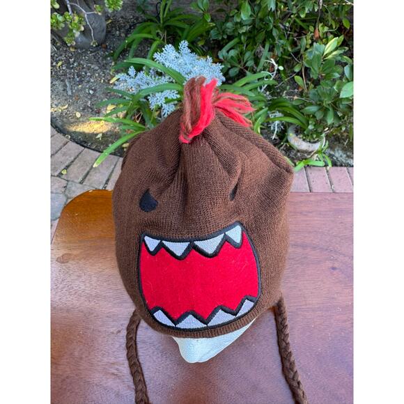 DOMO Mohawk Earflap Pom Pom Beanie Trapper Hat Adult One Size Brown Red Knit - Picture 2 of 10